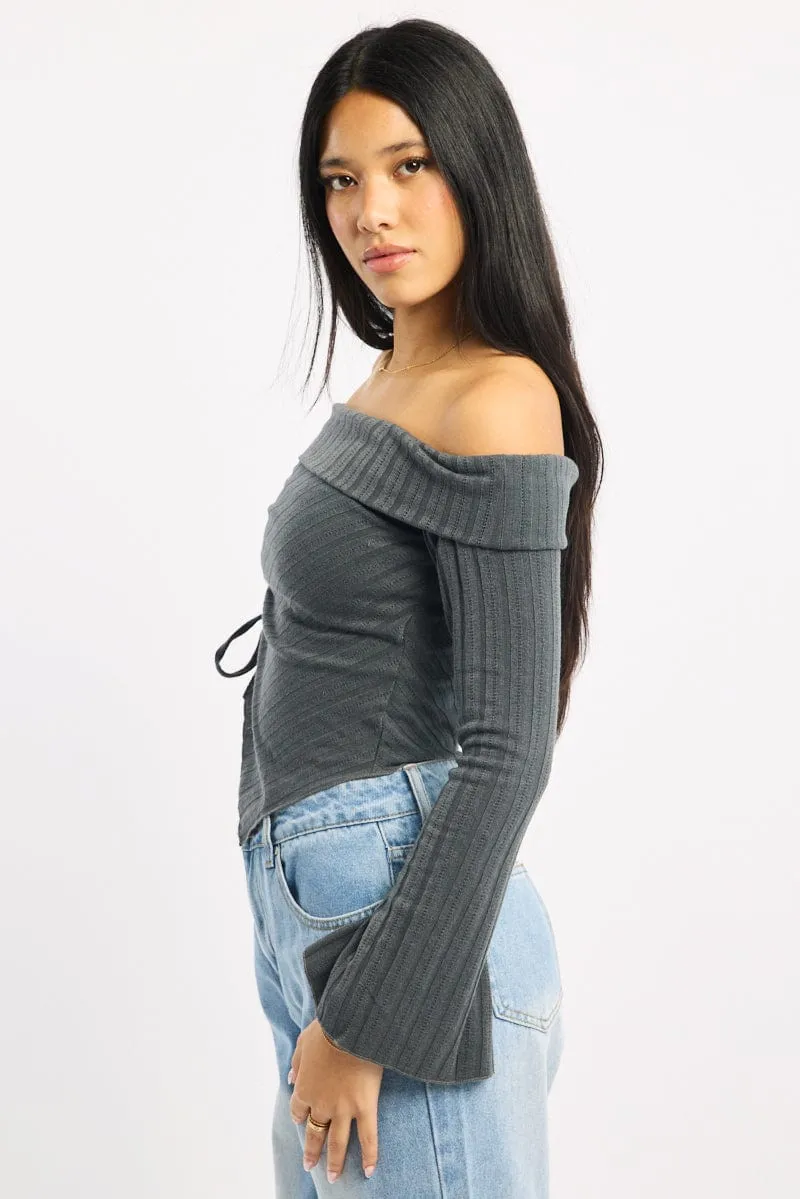 Grey Off Shoulder Top Long Sleeve Ruched sold by Ally Fashion product image thumbnail 3