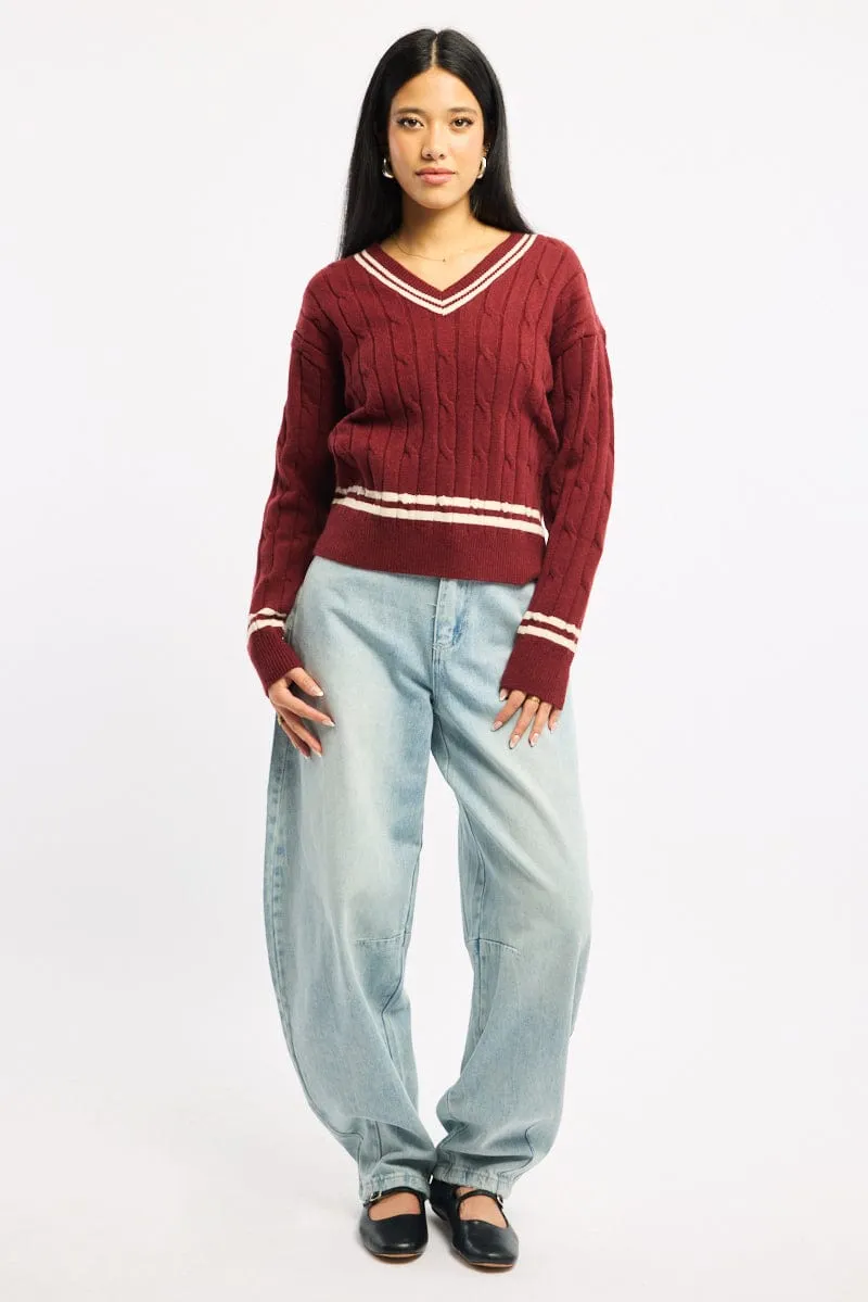 Red Cable Knit Top Long Sleeve V-neck sold by Ally Fashion product image thumbnail 2