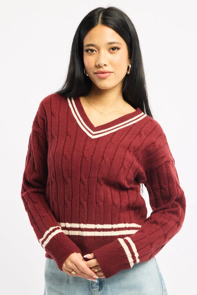 Red Cable Knit Top Long Sleeve V-neck sold by Ally Fashion