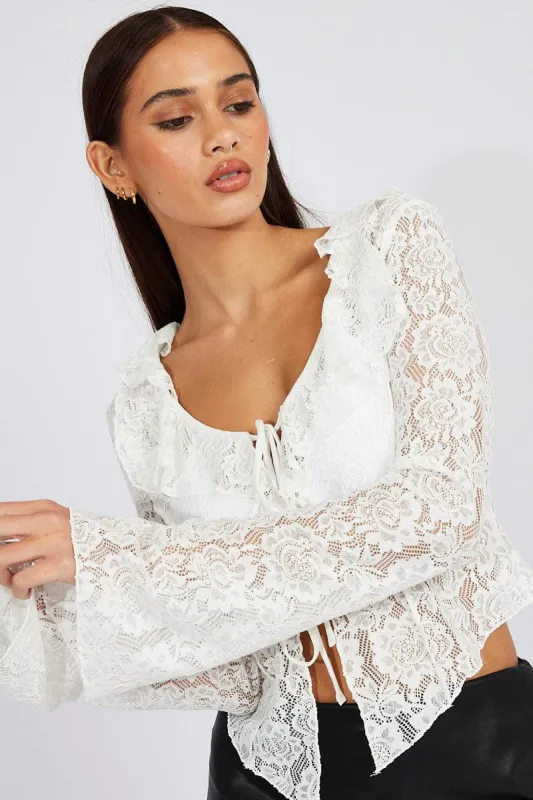 White Lace Tie Up Top Long Sleeve sold by Ally Fashion