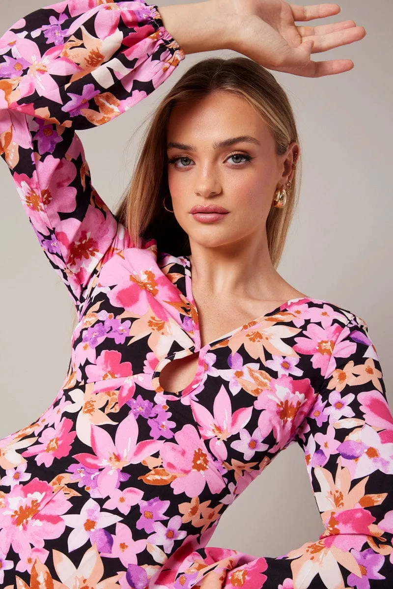 Black Floral Ballon Sleeve Dress Keyhole Swishy Skater Dress sold by Ally Fashion product image thumbnail 2