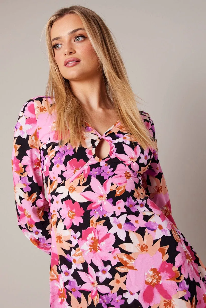 Black Floral Ballon Sleeve Dress Keyhole Swishy Skater Dress sold by Ally Fashion product image thumbnail 3