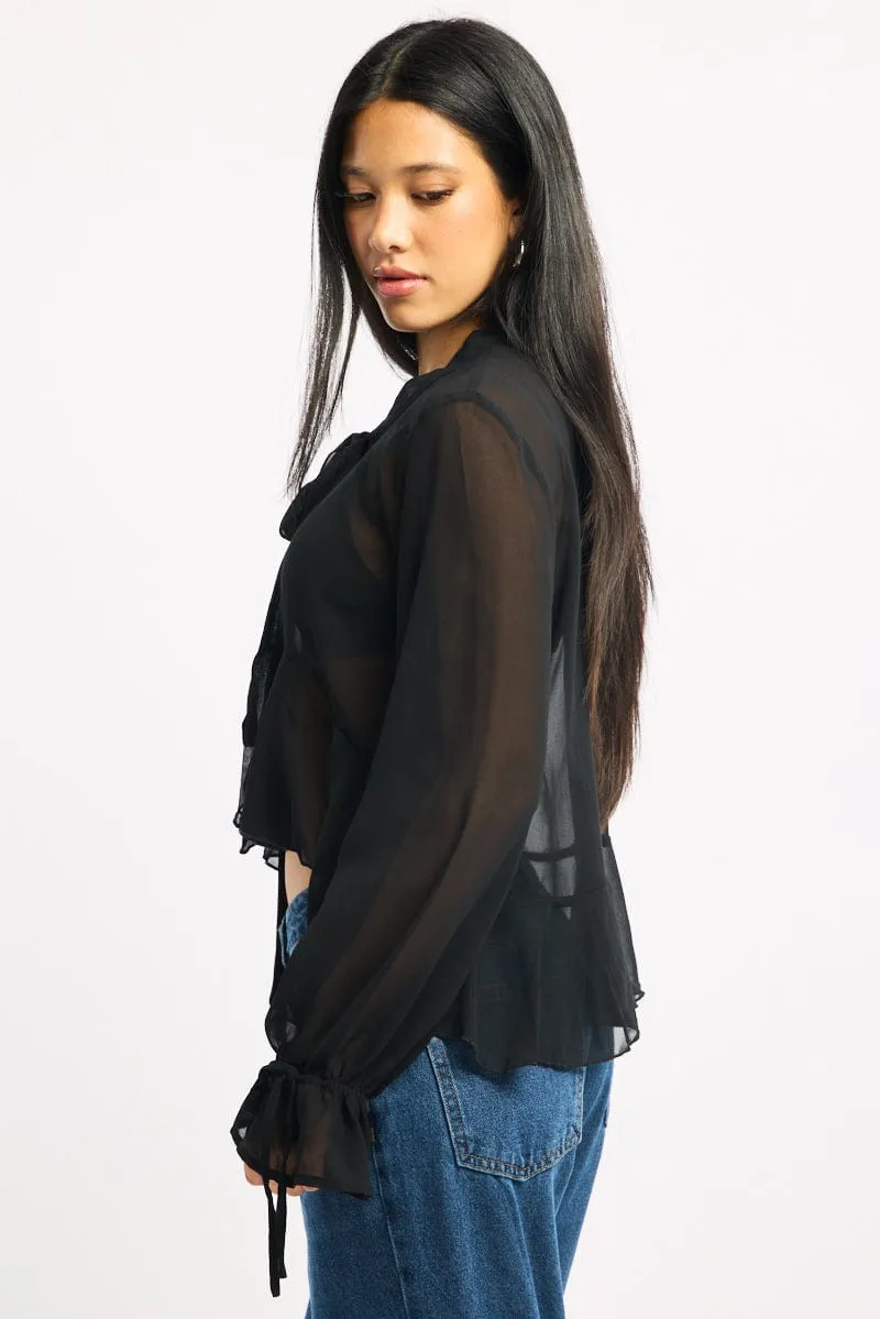 Black Sheer Blouse Tie Neck Long Sleeve Ruffles sold by Ally Fashion product image thumbnail 3
