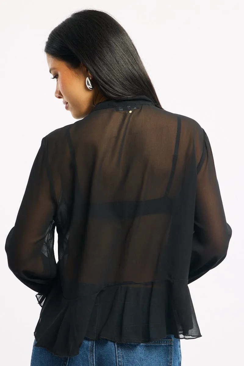 Black Sheer Blouse Tie Neck Long Sleeve Ruffles sold by Ally Fashion product image thumbnail 4