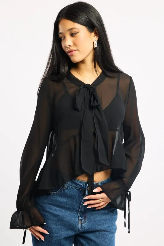 Black Sheer Blouse Tie Neck Long Sleeve Ruffles sold by Ally Fashion