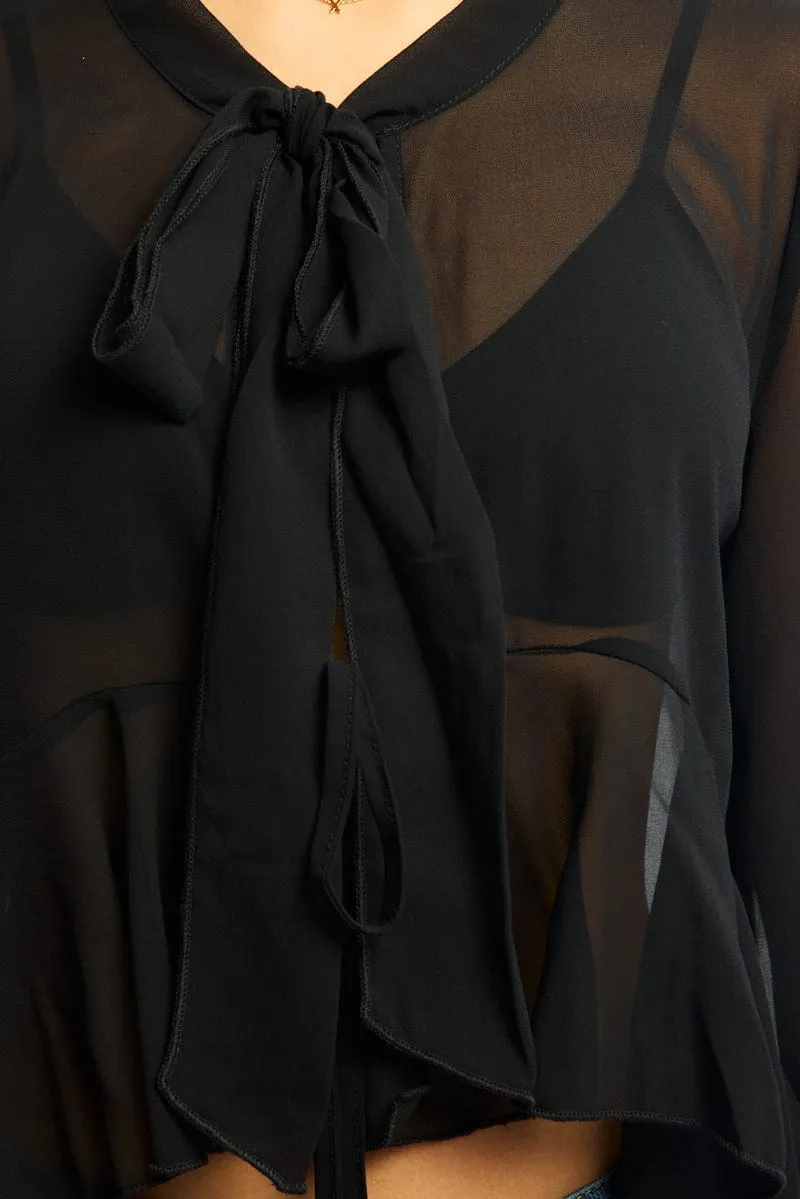 Black Sheer Blouse Tie Neck Long Sleeve Ruffles sold by Ally Fashion product image thumbnail 5