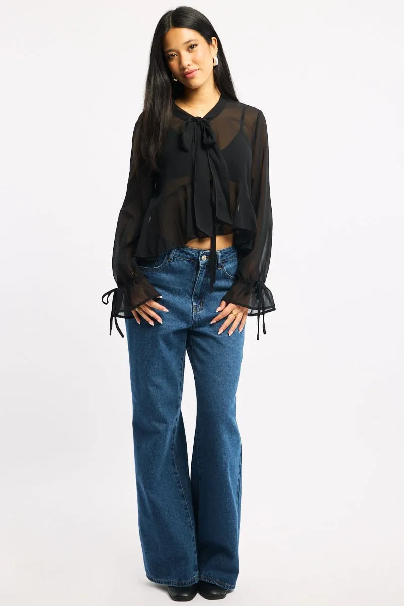 Black Sheer Blouse Tie Neck Long Sleeve Ruffles sold by Ally Fashion product image thumbnail 2