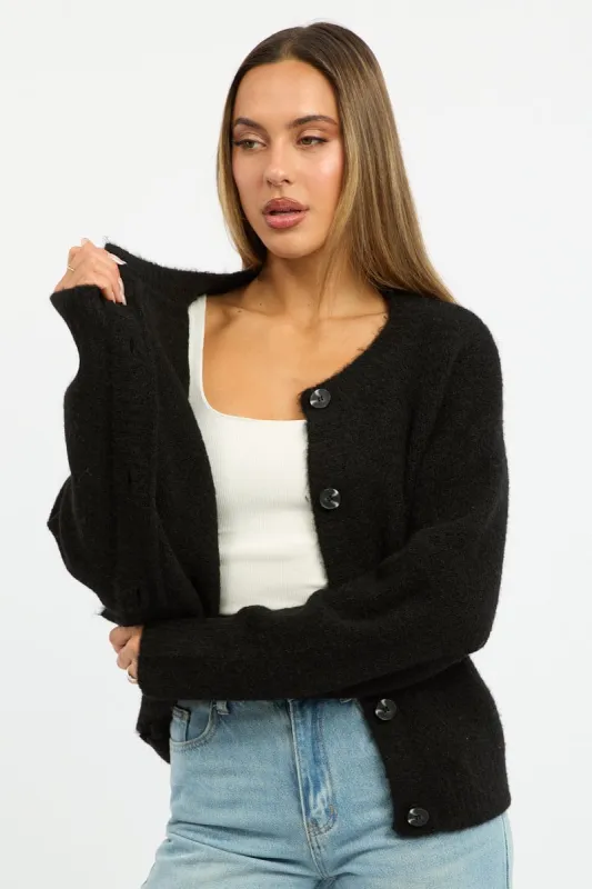 Black Knit Cardigan Crew Neck sold by Ally Fashion
