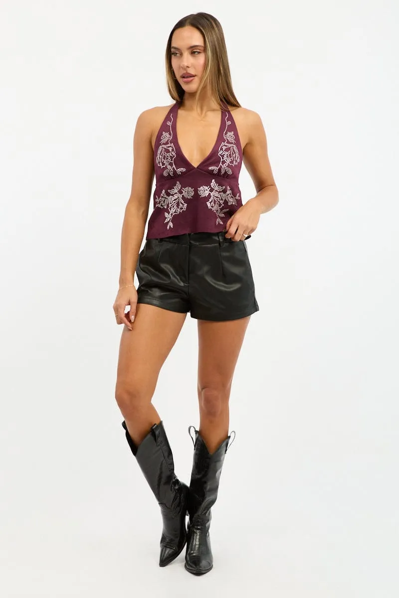 Red Suede Top Halter Neck Sleeveless Studded Details sold by Ally Fashion product image thumbnail 2