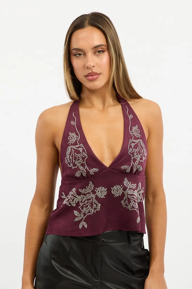 Red Suede Top Halter Neck Sleeveless Studded Details sold by Ally Fashion