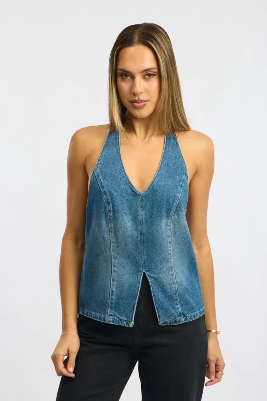 Denim Halter Top Sleeveless Tie Back sold by Ally Fashion