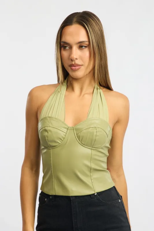 Green Scarf Top Sleeveless Halter Neck Pu Corset sold by Ally Fashion