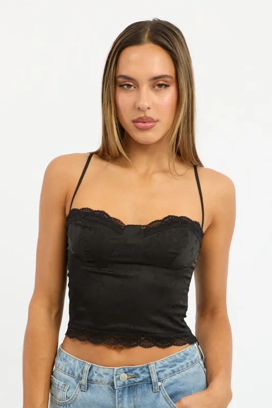 Black Cami Sleeveless Sweetheart Cropped Satin Jacquard sold by Ally Fashion
