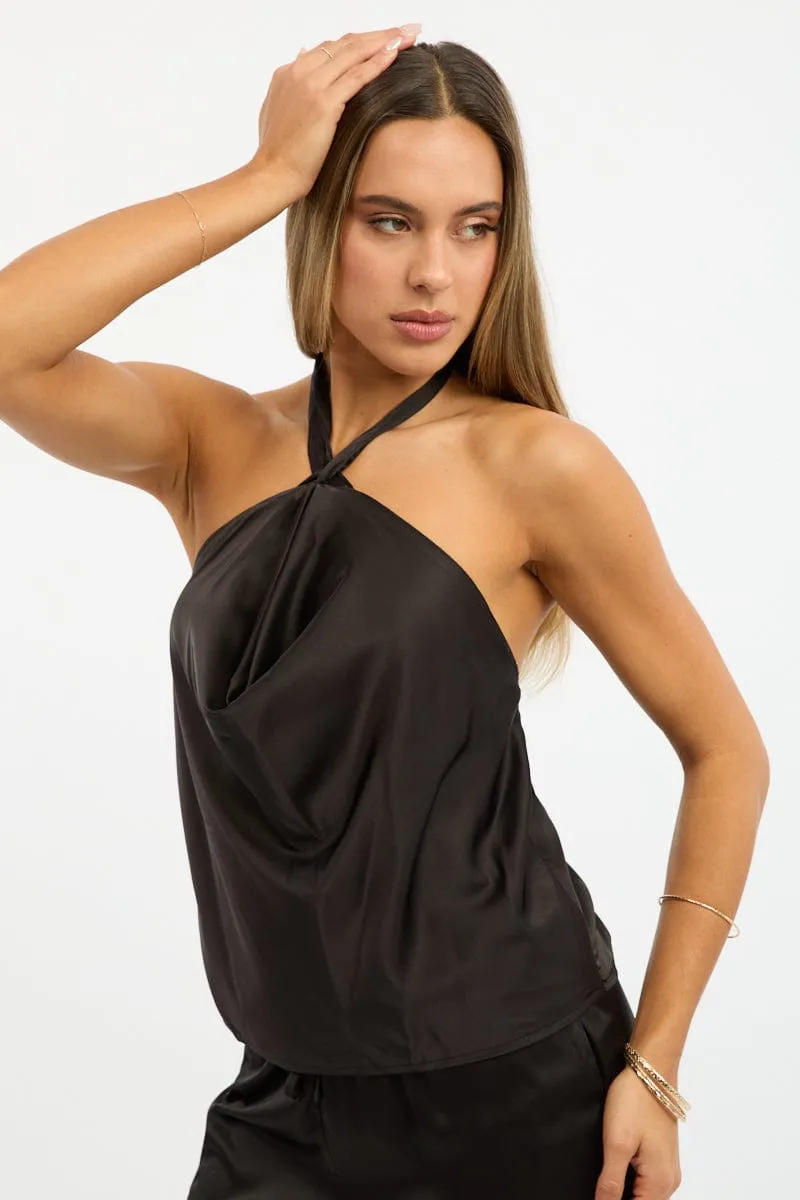 Black Halter Top Cowl Neck Sleeveless Satin sold by Ally Fashion