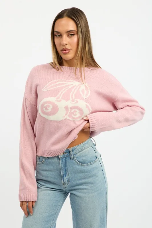 Pink Cherry Knit Top Long Sleeve sold by Ally Fashion