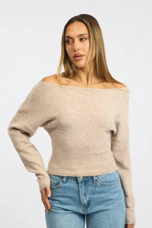 Beige Knit Top Off Shoulder Long Sleeve sold by Ally Fashion