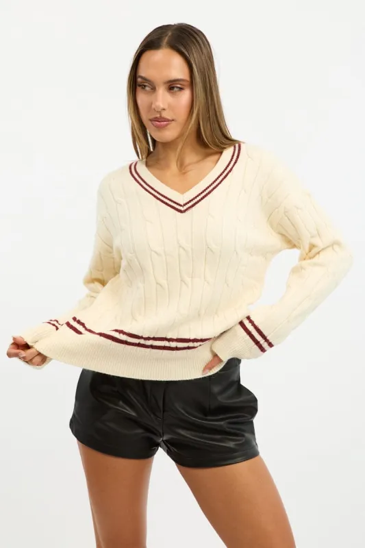 White Cable Knit Top Long Sleeve V-neck sold by Ally Fashion