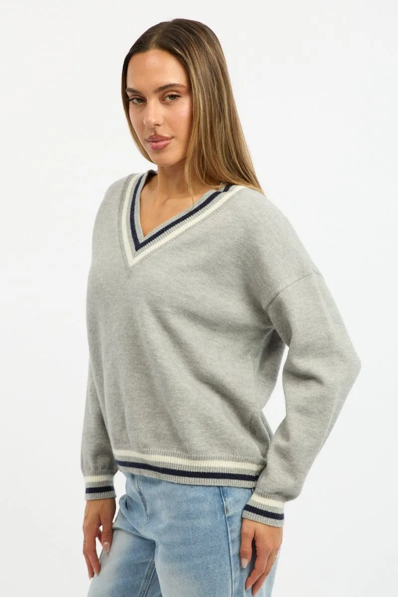 Grey Knit Jumper Long Sleeve V-neck sold by Ally Fashion product image thumbnail 3