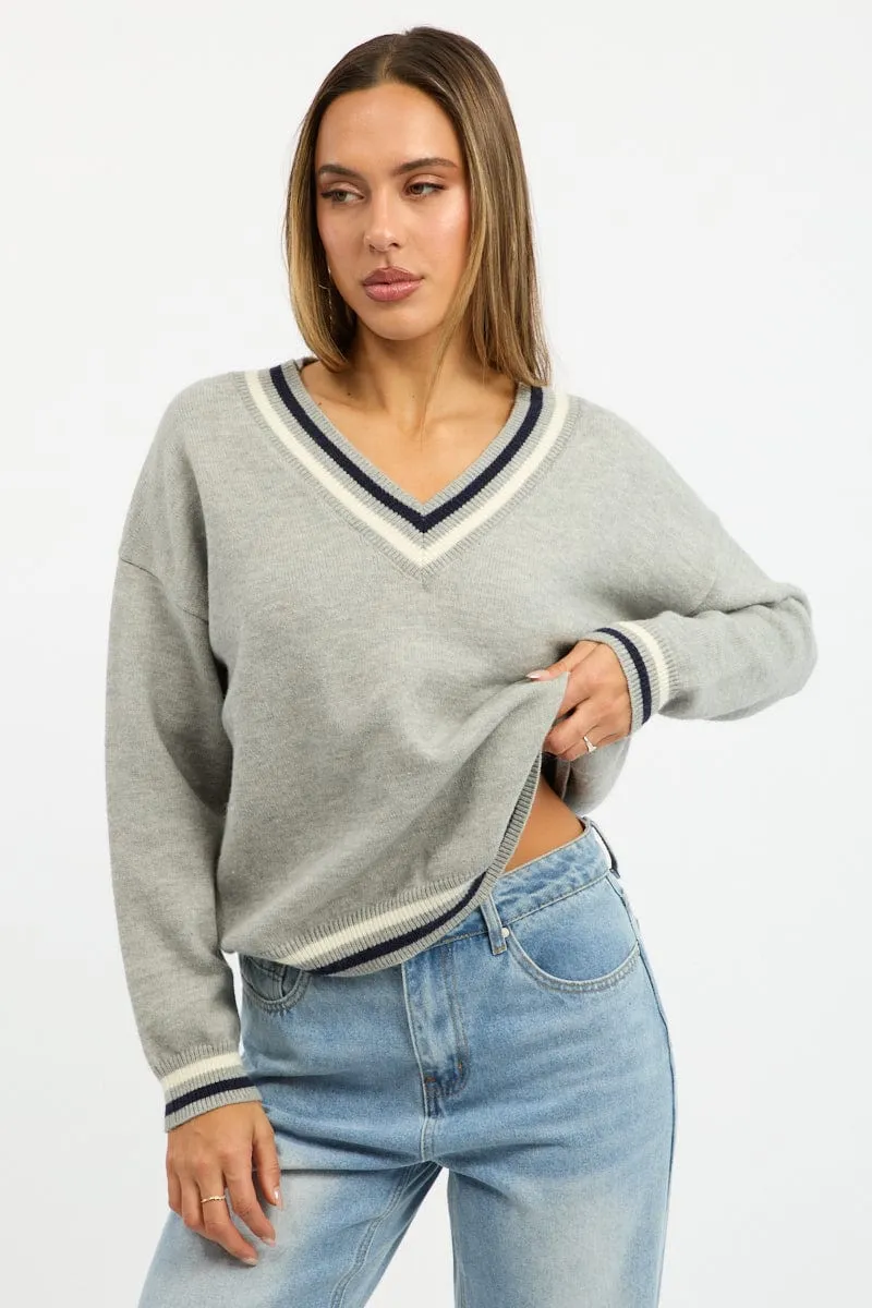 Grey Knit Jumper Long Sleeve V-neck sold by Ally Fashion