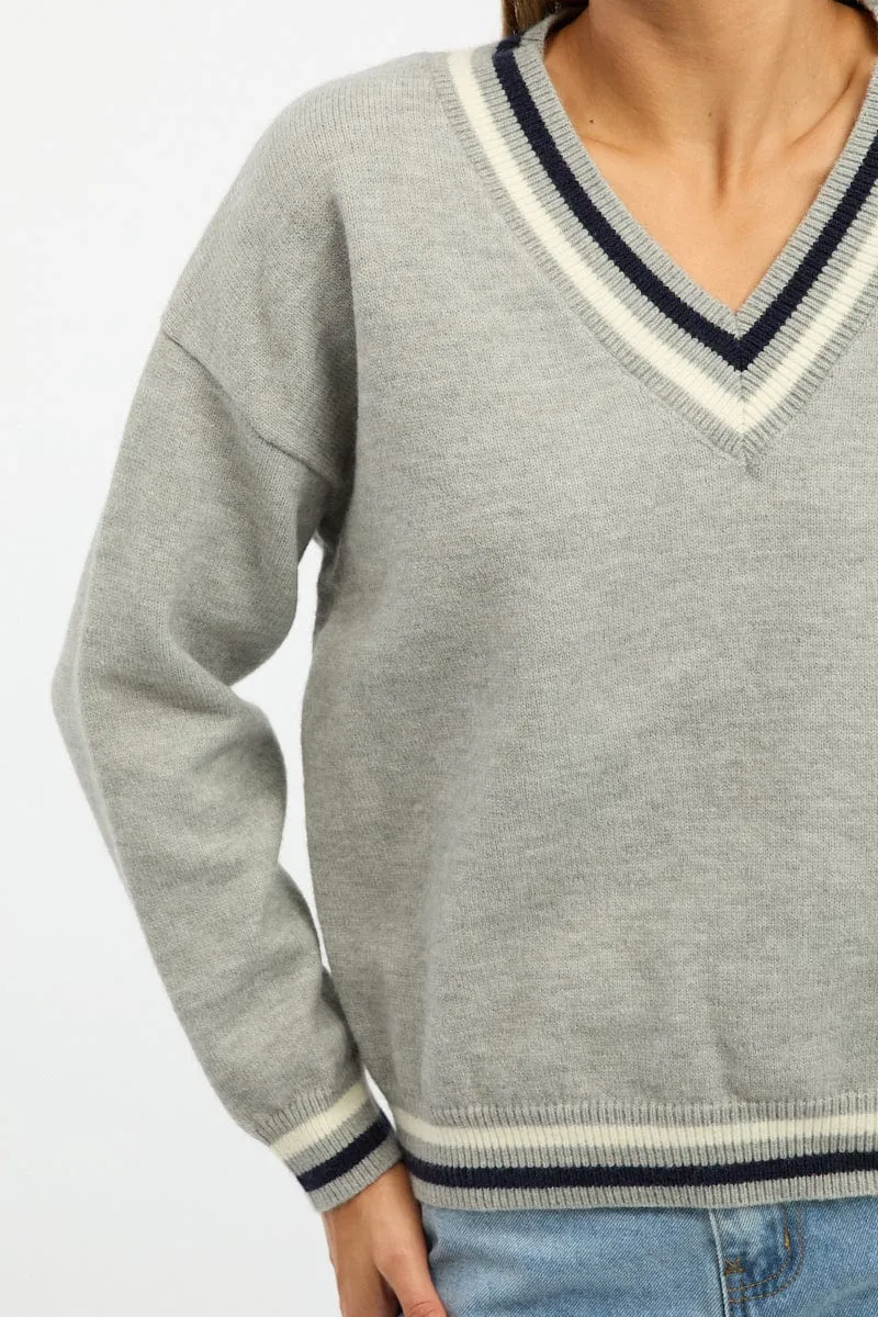 Grey Knit Jumper Long Sleeve V-neck sold by Ally Fashion product image thumbnail 5