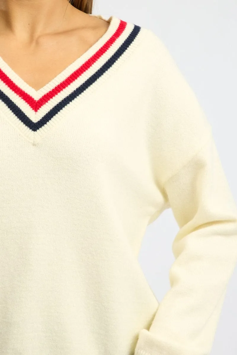 White Knit Jumper Long Sleeve V-neck sold by Ally Fashion product image thumbnail 5