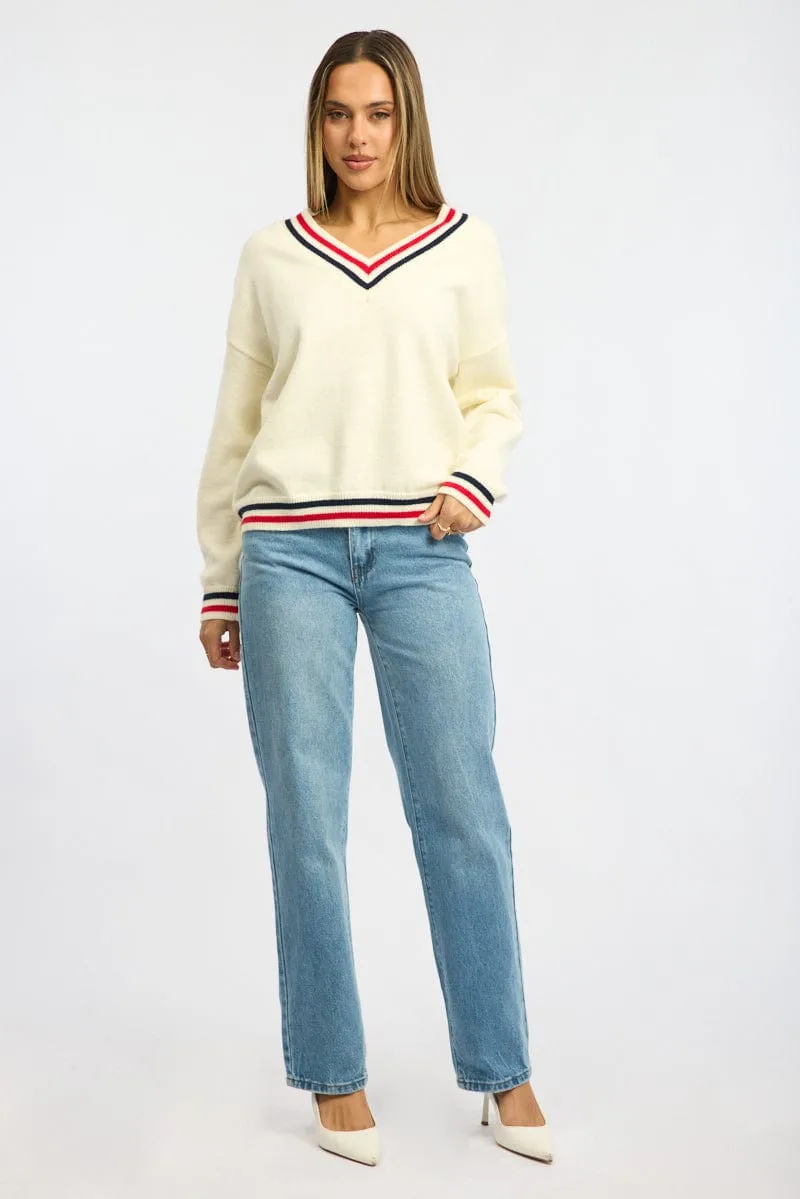 White Knit Jumper Long Sleeve V-neck sold by Ally Fashion product image thumbnail 2