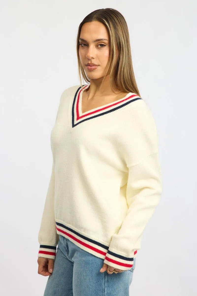 White Knit Jumper Long Sleeve V-neck sold by Ally Fashion product image thumbnail 3