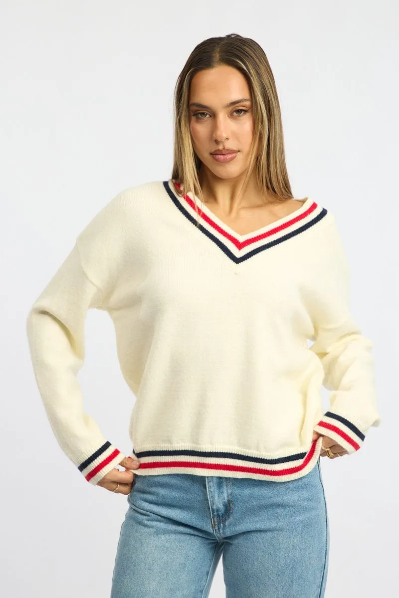 White Knit Jumper Long Sleeve V-neck sold by Ally Fashion