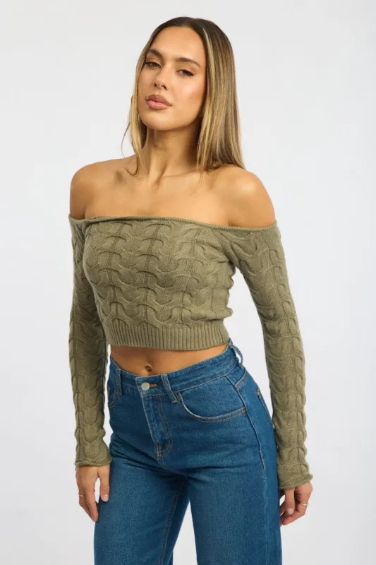 Green Cable Knit Top Long Sleeve Off Shoulder sold by Ally Fashion