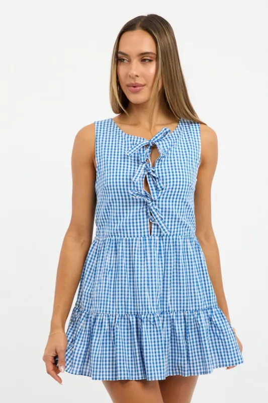 Blue Check Mini Dress Ribbon Detail sold by Ally Fashion