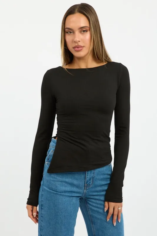 Black Top Long Sleeve Boat Neck Side Split sold by Ally Fashion