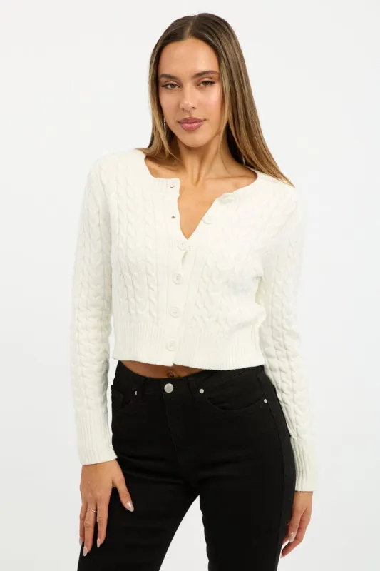 White Cable Knit Cardigan Long Sleeve Crew Neck sold by Ally Fashion