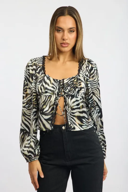 Black Animal Print Tie Front Top Long Sleeve Gathered Bust Zebra sold by Ally Fashion
