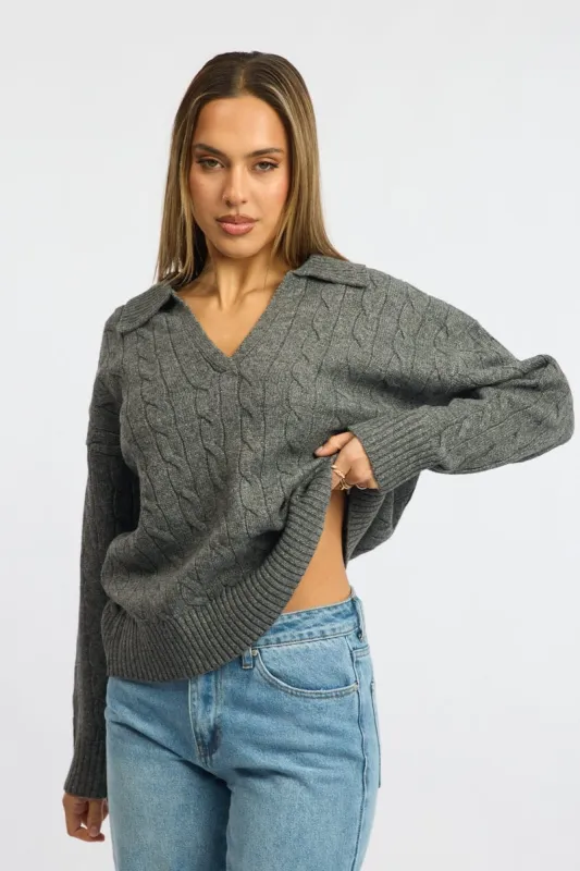 Grey Cable Knit Jumper V-neck sold by Ally Fashion