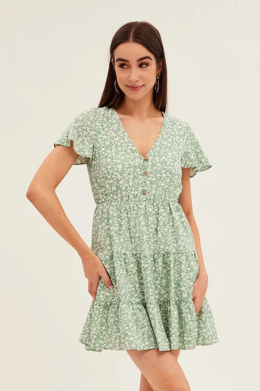 Green Floral Button Front Short Sleeve Mini Skater Dress sold by Ally Fashion