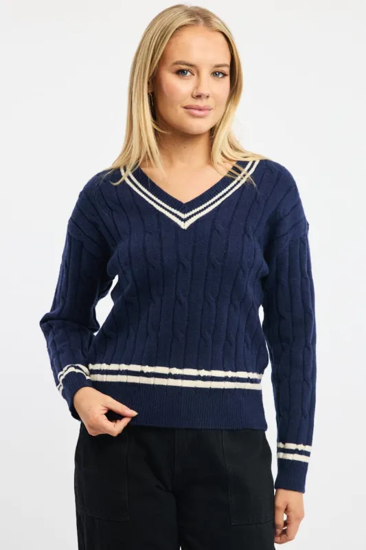 Blue Cable Knit Top Long Sleeve V-neck sold by Ally Fashion