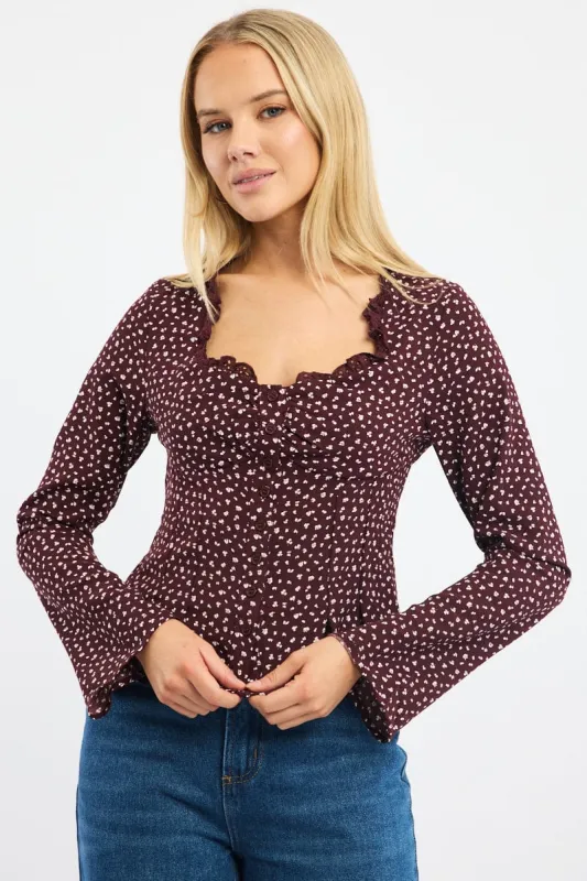 Red Ditsy Button Up Top Long Sleeve Sweetheart Neckline sold by Ally Fashion