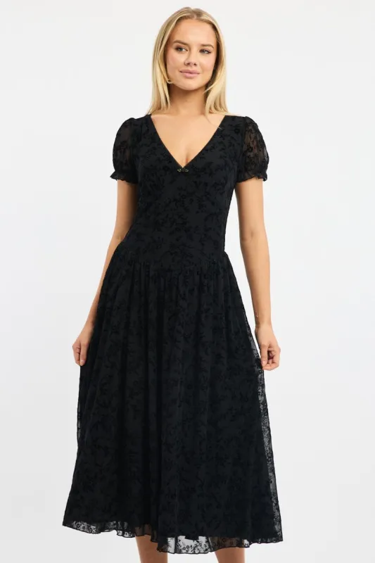 Black Midi Dress Puff Sleeve Burn Out sold by Ally Fashion