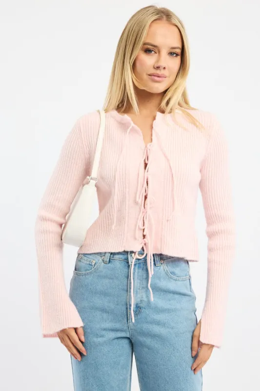 Pink Knit Cardigan Tie Up Long Sleeve sold by Ally Fashion