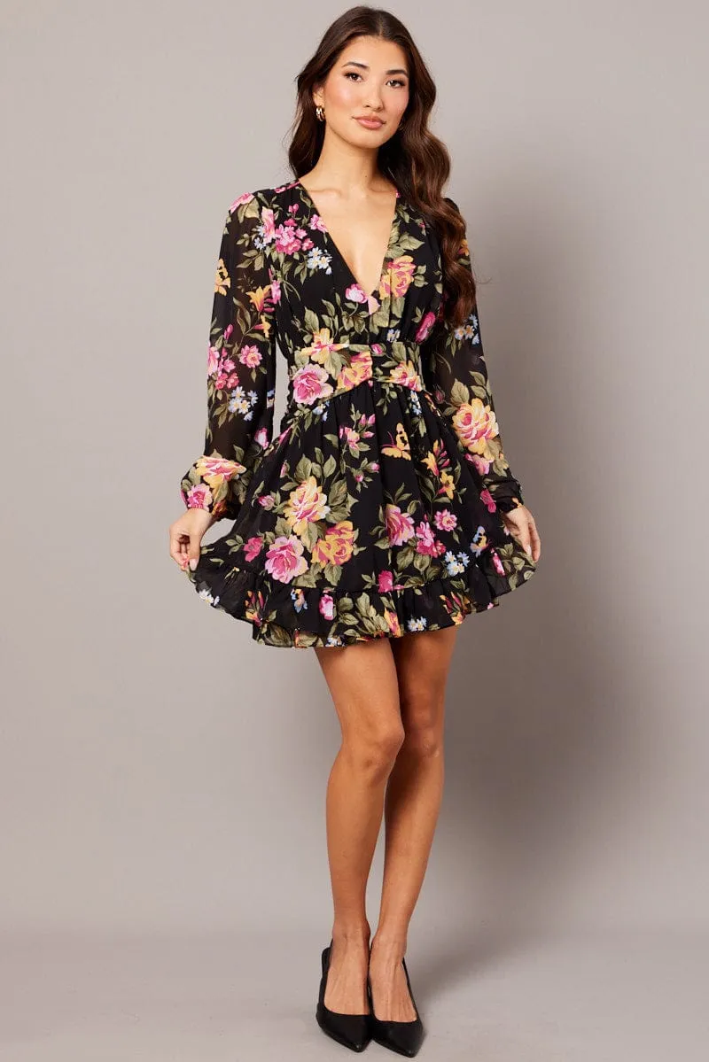 Black Floral Skater Dress Balloon Sleeve Ruffle Frill Dress sold by Ally Fashion product image thumbnail 2