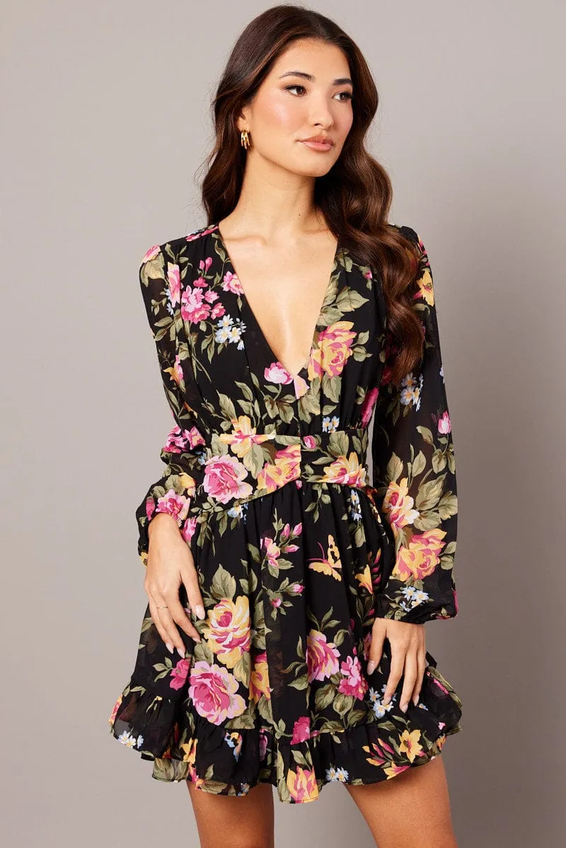 Black Floral Skater Dress Balloon Sleeve Ruffle Frill Dress sold by Ally Fashion product image thumbnail 3