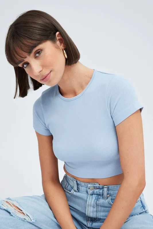Blue T-Shirt Short Sleeve Crew Neck Seamless sold by Ally Fashion