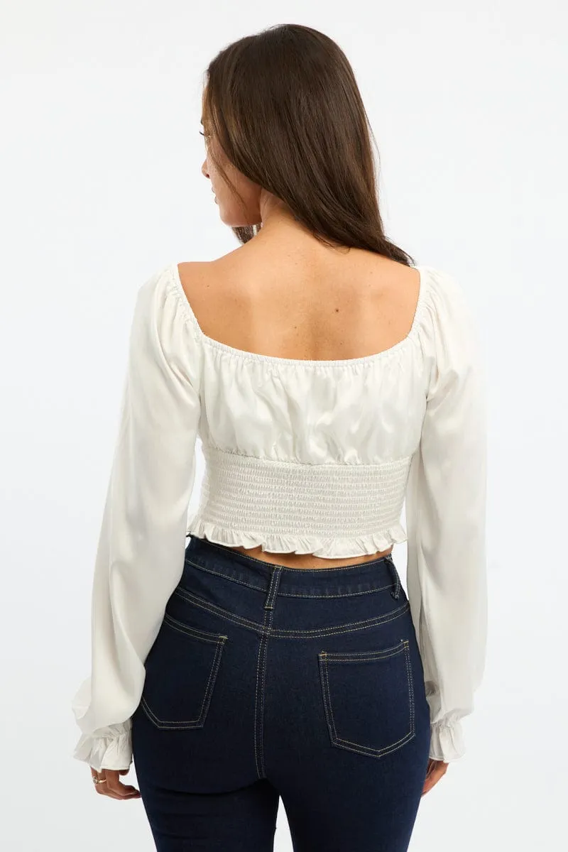 White Shirred Top Long Sleeve Square Neck Satin sold by Ally Fashion product image thumbnail 4