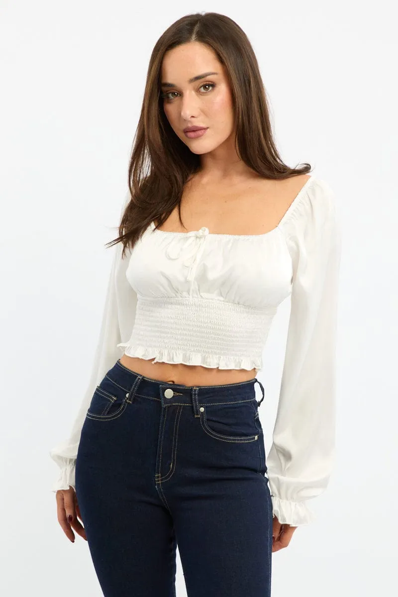 White Shirred Top Long Sleeve Square Neck Satin sold by Ally Fashion
