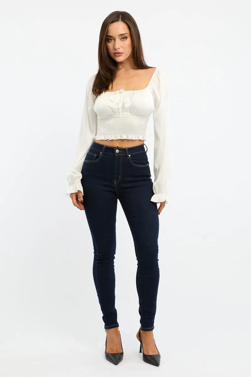 White Shirred Top Long Sleeve Square Neck Satin sold by Ally Fashion product image thumbnail 2