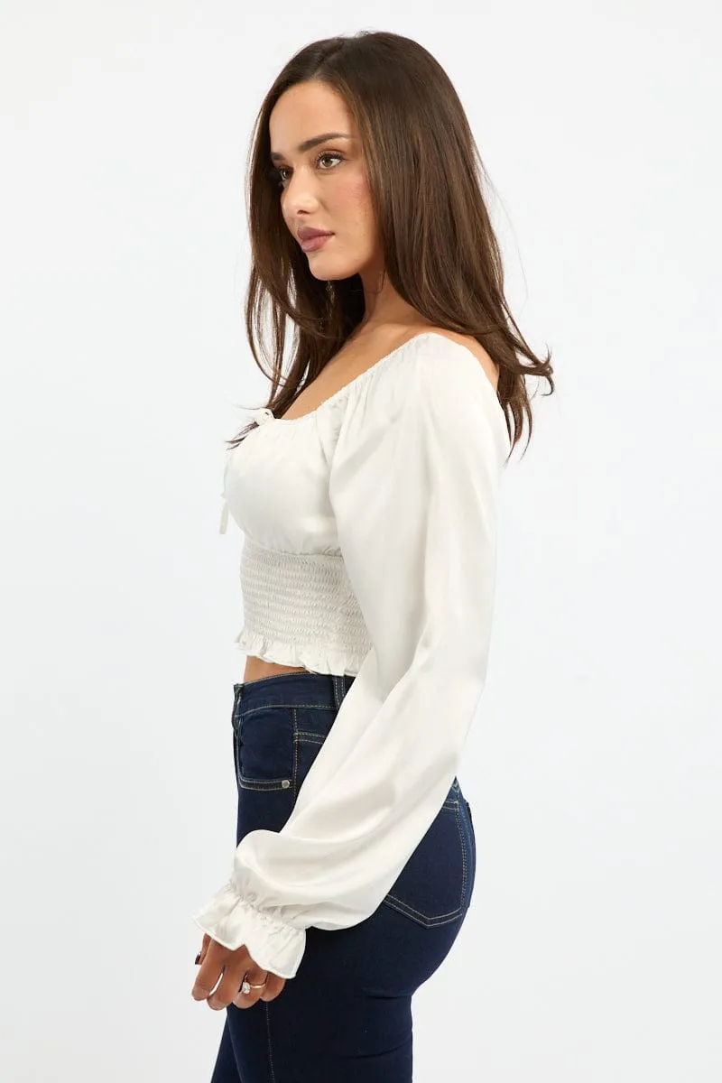 White Shirred Top Long Sleeve Square Neck Satin sold by Ally Fashion product image thumbnail 3