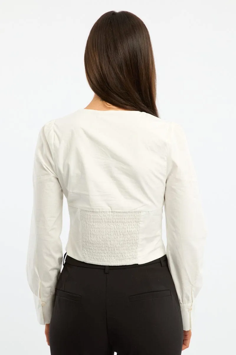 White Top Long Sleeve Collared Button Up Shirred Back sold by Ally Fashion product image thumbnail 4