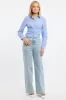 Blue Stripe Fitted Shirt Long Sleeve Collared Shirred Back sold by Ally Fashion
