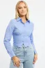 Blue Stripe Fitted Shirt Long Sleeve Collared Shirred Back sold by Ally Fashion