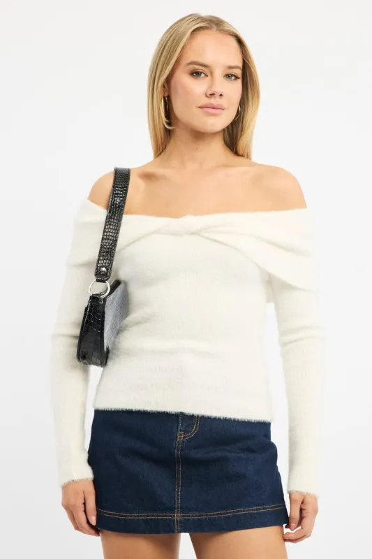 White Knit Off Shoulder Long Sleeve sold by Ally Fashion